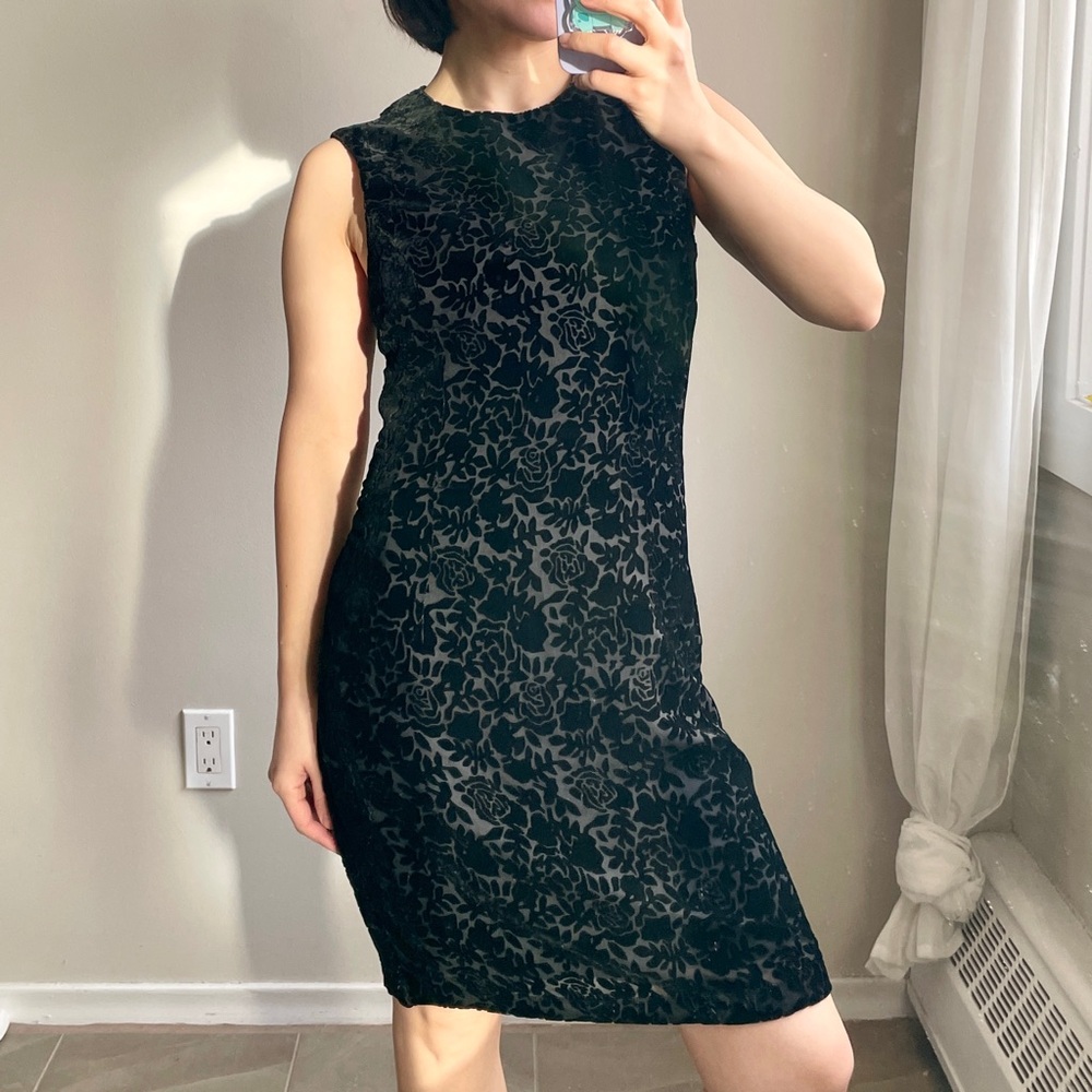 Vintage y2k 90s Black Velvet Burnout Floral Sleeveless Midi Dress Whimsical